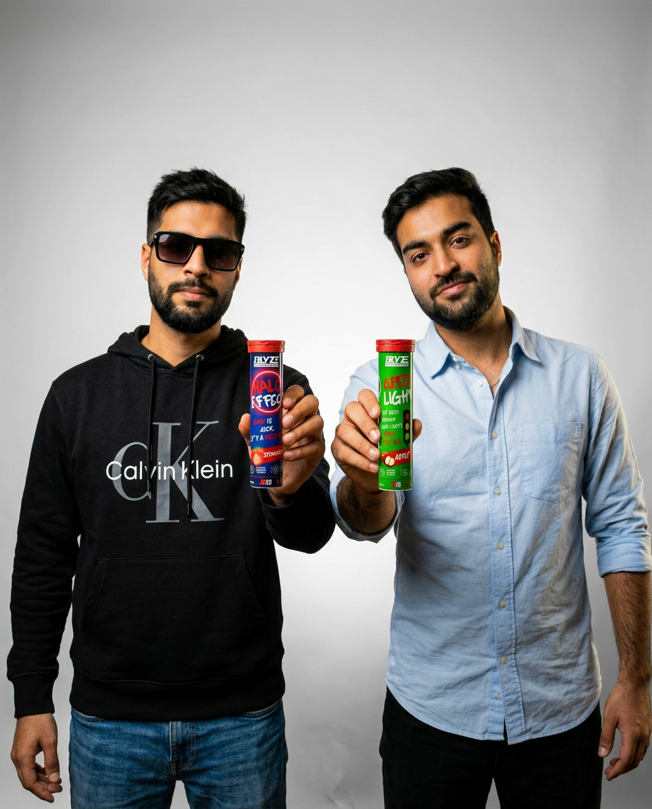 BLYZE founders holding Halo Effect Strawberry and Green Light Apple tubes
