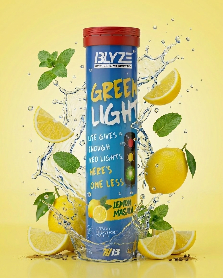 BLYZE Green Lemon bottle with lemons, mint and water splash