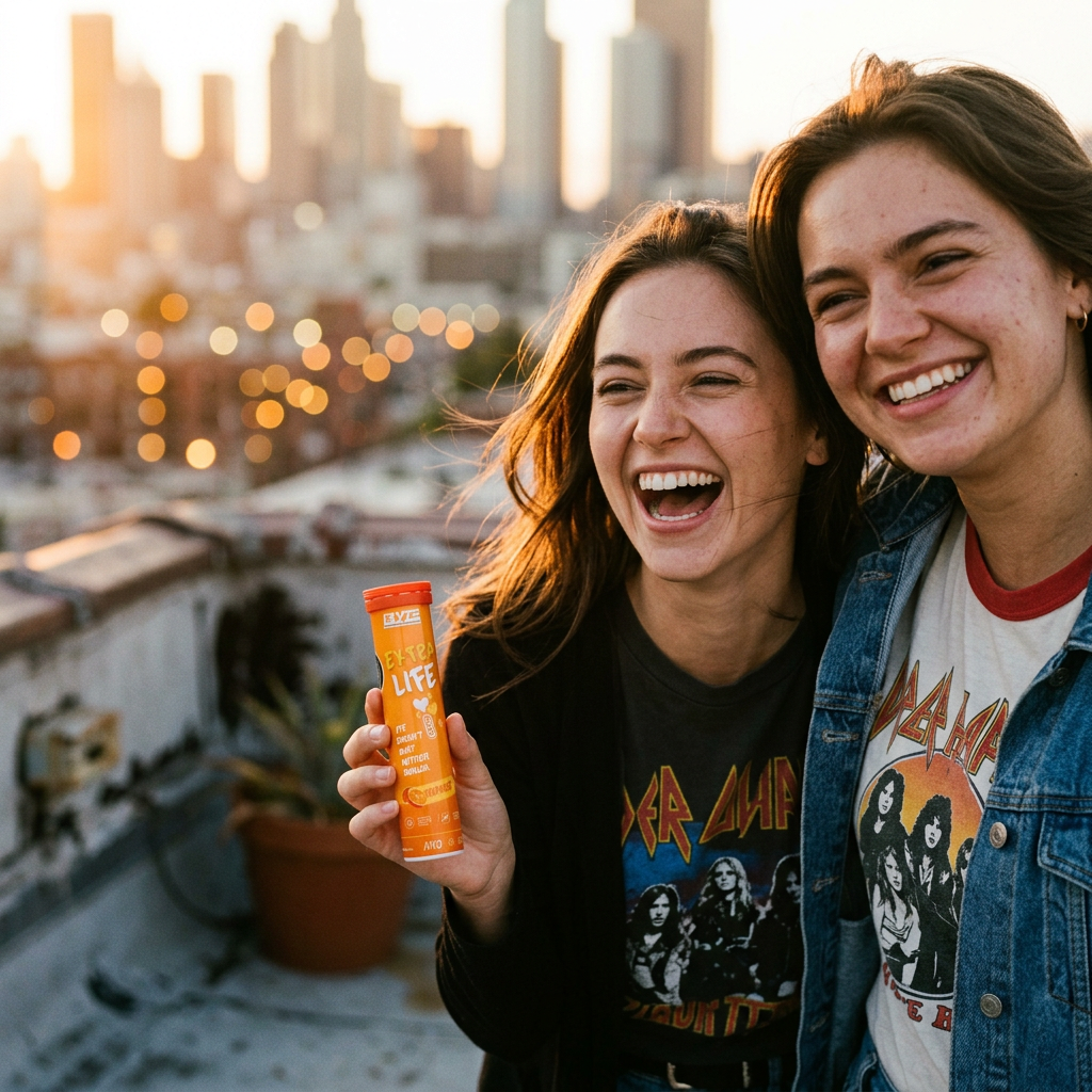 Friends sharing BLYZE Extra Life Orange fizz